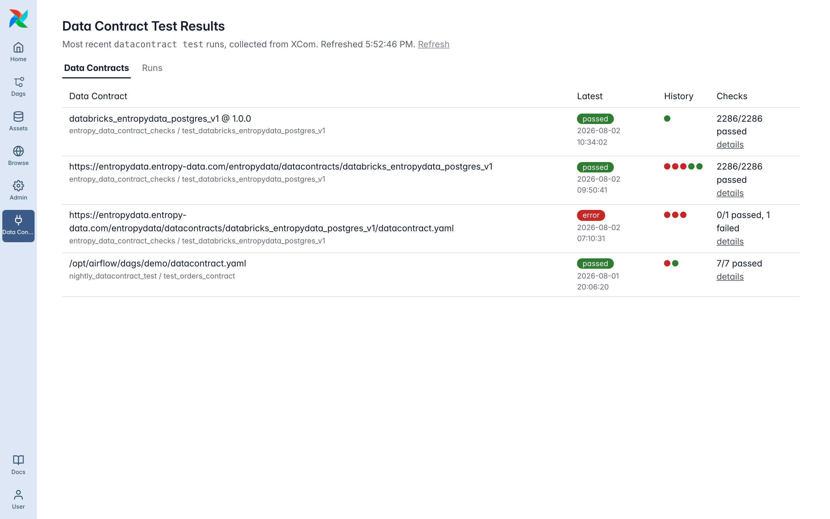 Data Contract Results view in the Airflow UI, one row per data contract with result badge, run history, and check counts